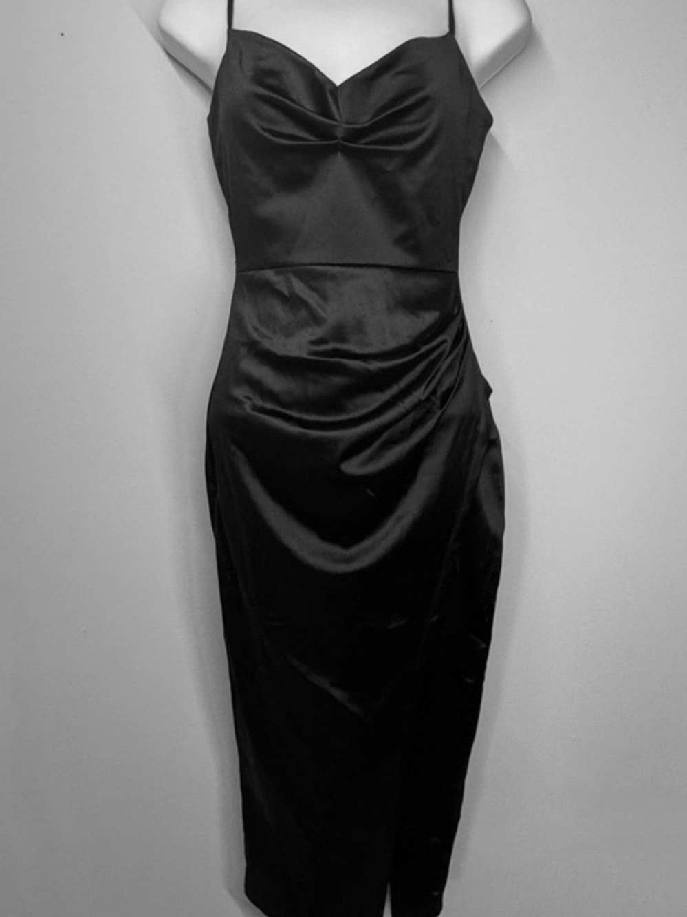 Windsor Black Satin Ruched Cowl Neck Midi Dress S